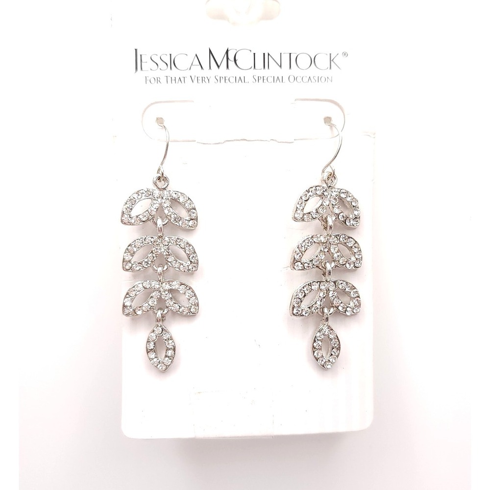 Jessica McClintock Laurel Leaf Earrings Silver Rhinestone Drop - Picture 2 of 6
